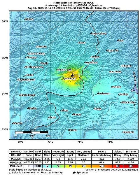 Shakemap from USGS for the magnitude 6.0.