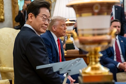 President Donald Trump hosts a bilateral meeting with President Lee Jae-myung of the Republic of Korea, Monday, August 25, 2025, in the Oval Office.