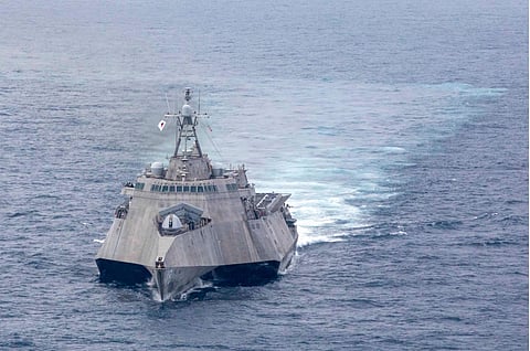 The United States Navy littoral combat ship USS Charleston (LCS-18) in the South China Sea, February 2023.
