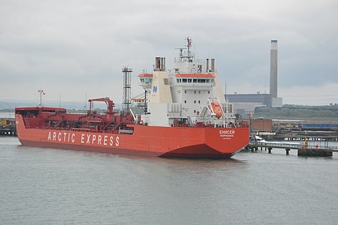 Russian oil products tanker "Enisey" alongside the marine terminal at Fawley