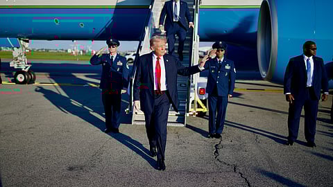 President Donald Trump disembarks Air Force One at LaGuardia Airport in East Elmhurst, Queens, New York on Thursday, September 11, 2025.
