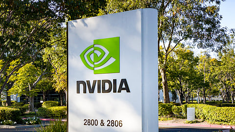  NVIDIA sign outside their headquarters office campus on Scott Boulevard in Santa Clara, California.