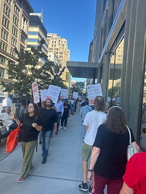 Protest outside ABC Disney Studios in New York, sparked by the indefinite suspension of "Jimmy Kimmel Live!" on September 18, 2025.