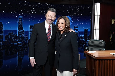 Jimmy Kimmel with former Vice President Kamala Harris during a taping of Jimmy Kimmel Live, June 2024.