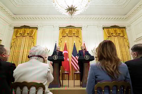 President Donald J. Trump and Turkish President Recep Tayyip Erdogan participate in a press conference Wednesday, Nov. 13, 2019, in the East Room of the White House. 