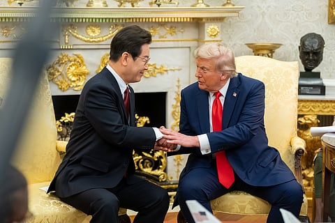 President Donald Trump hosts a bilateral meeting with President Lee Jae-myung of the Republic of Korea, Monday, August 25, 2025, in the Oval Office.