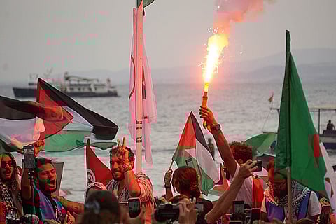 Hundreds of Tunisians gathered in Sidi Bou Said near Tunis to welcome the Global Sumud Flotilla