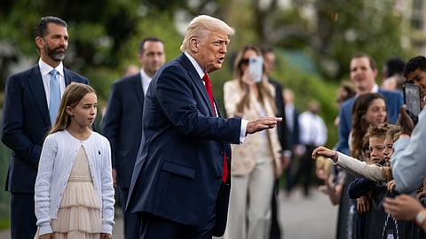 President Donald Trump departs the White House Easter Egg Roll on the South Lawn, Monday, April 21, 2025