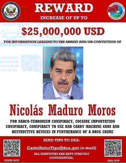 Wanted poster of Venezuelan President Nicholas Maduro