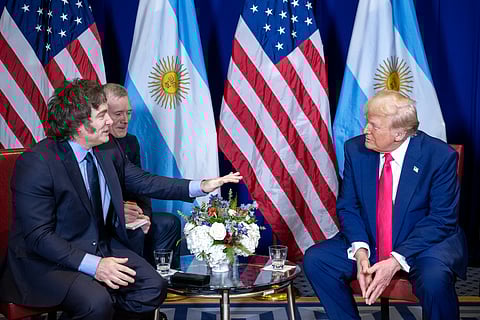  President Donald Trump meets with Argentina’s President Javier Milei at the Gaylord National Resort & Convention Center in Oxon Hill, Maryland, on Saturday, February 22, 2025. 