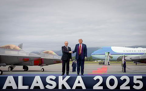 President Donald J. Trump welcomes Russian President Vladimir Putin to Joint Base Elmendorf-Richardson, Anchorage, Alaska, August 15, 2025 