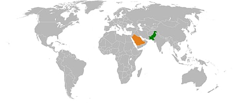 Map showing locations of Pakistan and Saudi Arabia