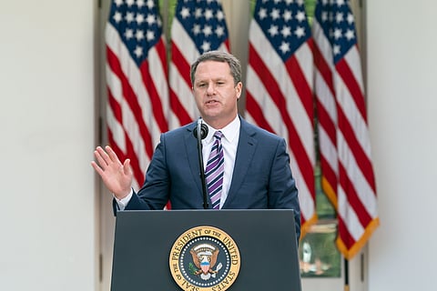 Doug McMillon, chief executive Officer of Walmart, addresses his remarks at the coronavirus (COVID-19) update briefing Monday, April 27, 2020, in the Rose Garden of the White House.
