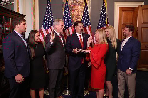 Marjorie Taylor Greene swearing in as a member of the U.S. House of Representatives on January 3, 2021, for the 117th Congress after winning the 2020 election in Georgia’s 14th district.