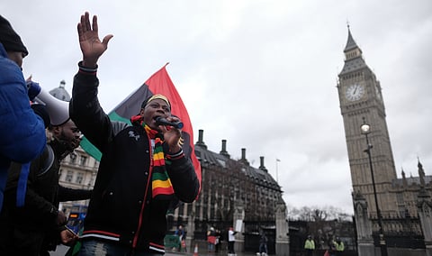 Biafran activists protest in London outside the British parliament, March 2016.