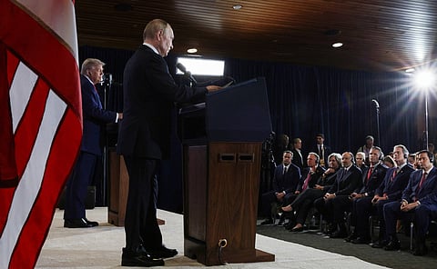 Donald Trump and Vladimir Putin holding a joint news conference during the 2025 Russia–United States Summit in Anchorage, Alaska.