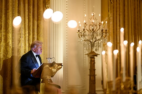 President Donald Trump delivers remarks at a dinner for Crown Prince and Prime Minister Mohammed bin Salman Al Saud of Saudi Arabia, Tuesday, November 18, 2025, in the East Room of the White House.