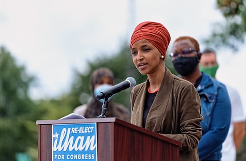 Rep. Ilhan Omar speak at a press conference outside the Minnesota DFL Party's St. Paul, Minn. headquarters on August 5, 2020.