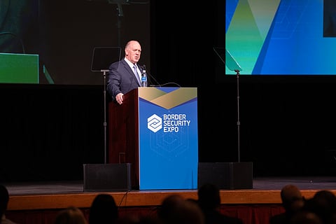 Tom Homan, U.S. Border Czar delivers the keynote remarks at the 2025 Border Security Expo in Phoenix, Ariz., April 8, 2025. CBP photo by Jerry Glaser.