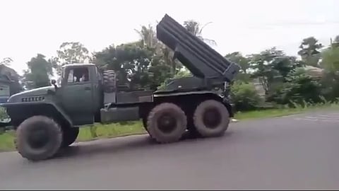 Royal Cambodian Army BM-21 “Grad” Multiple-Launch Rocket System (MLRS) in action along the border with Thailand.