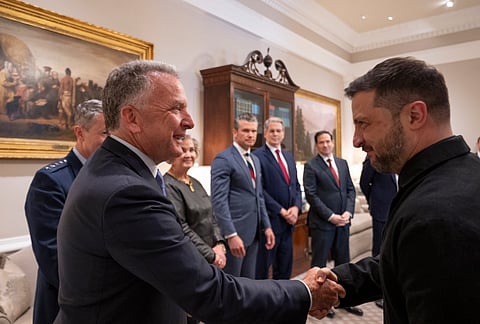  Ukrainian President Volodymyr Zelenskyy greets U.S Envoy Steve Witkoff at the White House,  October 17, 2025.