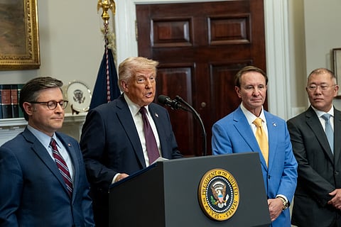 President Donald Trump and Louisiana Governor Jeff Landry speak in the Roosevelt Room alongside Hyundai executive chairman Eui Sun Chung, Monday, March 24, 2025. 