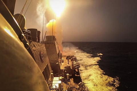 USS Carney engaging Houthi missiles and drones in the Red Sea, Oct. 19, 2023.