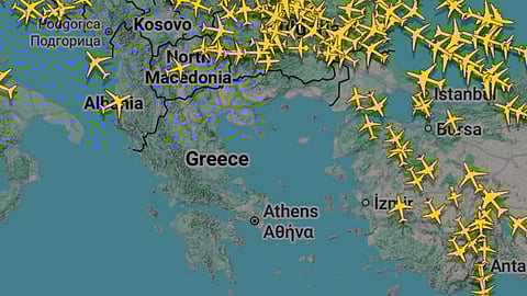 Chaotic holding patterns of aircraft circling Greek airspace, on January 4, 2026.