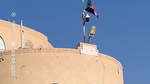 The flag of STC raised atop a government building in Seiyun after an offensive. December 8, 2025.
