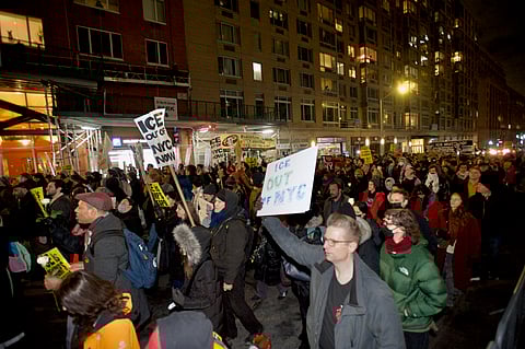 Protesters at Foley Square by the federal government building protesting the ICE killing of Renee Good.