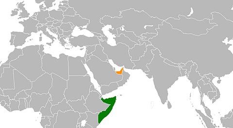 Map showing the locations of both Somalia (green) and the United Arab Emirates (orange).