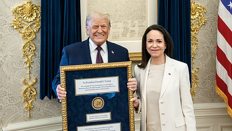President Donald Trump meets with Venezuelan opposition leader Maria Corina Machado in the Oval Office, Thursday, January 15, 2026.