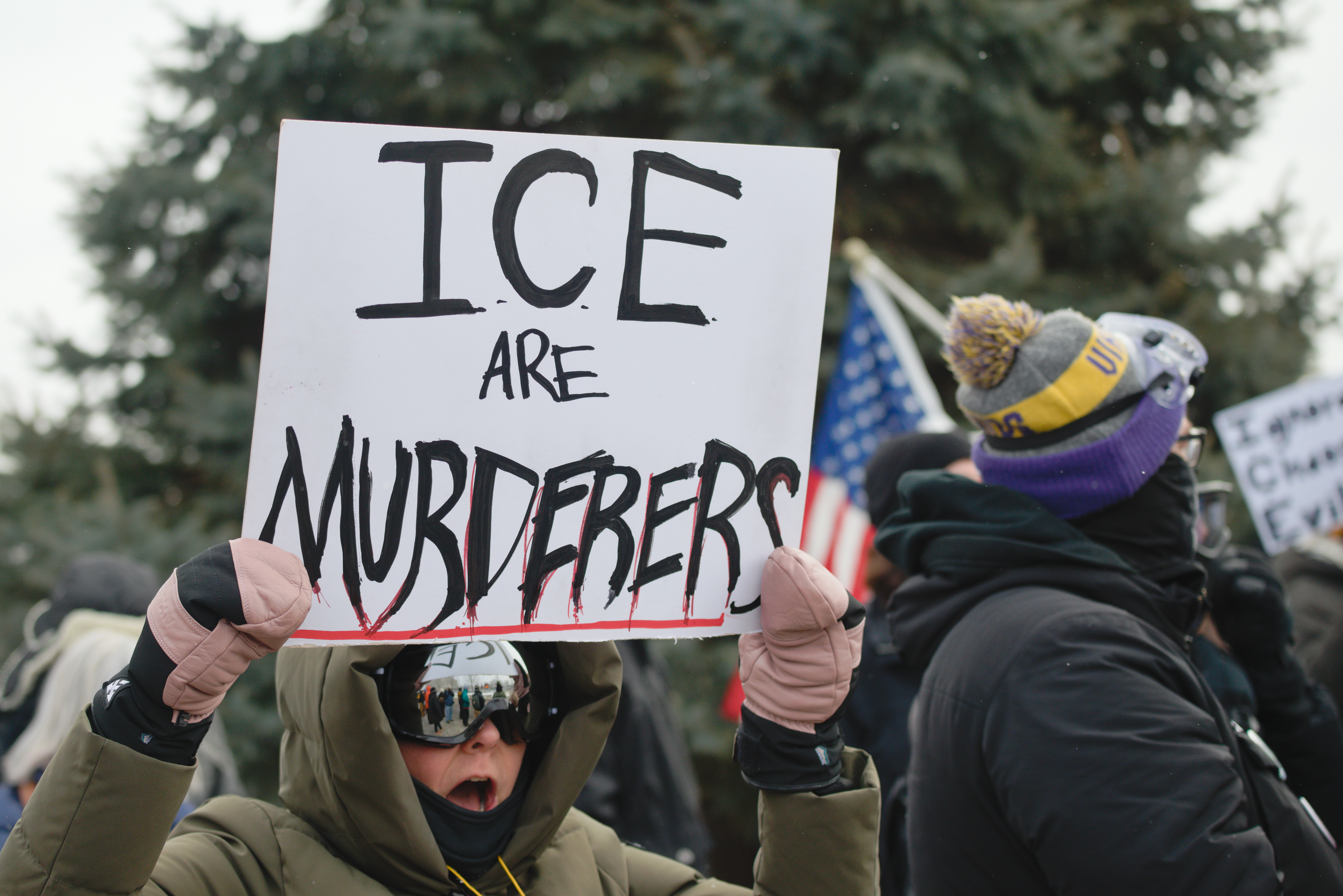 Hundreds protested outside the Whipple Building in south Minneapolis as ICE and DHS staff arrived under heavy security, 17 January 2026.