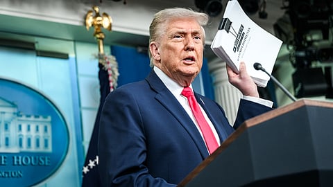 President Donald Trump addresses members of the media in the James S. Brady Press Briefing Room, Tuesday, January 20, 2026.