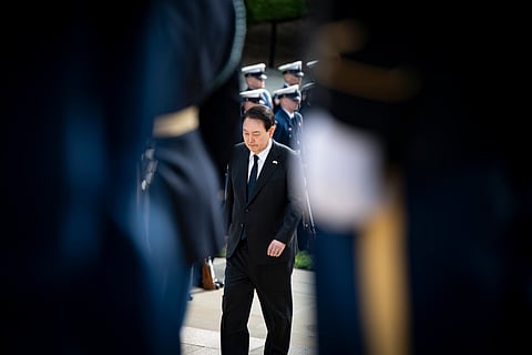 Yoon Suk Yeol participates in a wreath-laying ceremony at the Tomb of the Unknown Soldier at Arlington National Cemetery, Arlington, Virginia, April 25, 2023. 