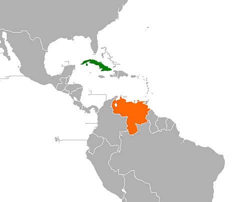 Cuba (Green) and Venezuela (Orange) on the world map. 