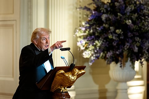 President Donald Trump delivers remarks at a dinner for the nation’s governors, Saturday, February 21, 2026, in the East Room of the White House.
