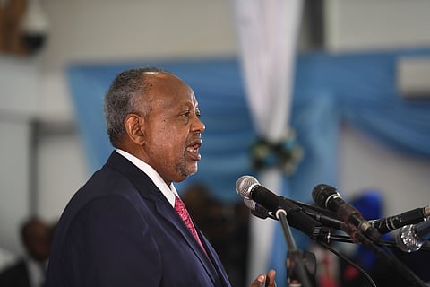 The President of Djibouti, Ismail Omar Guelleh speaks during the inauguration ceremony of the Somalia's newly elected President Mohamed Abdullahi Farmaajo in Mogadishu on February 22, 2017. 