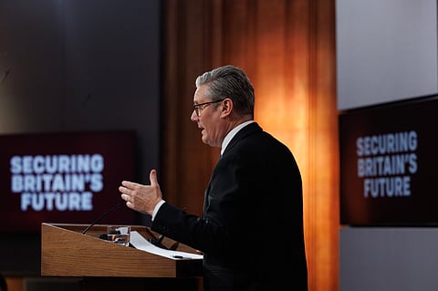 Prime Minister Keir Starmer gives a press conference on migration in 9 Downing Street. 