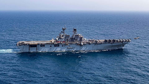A U.S. Marine Corps F-35B Lightning II launches from amphibious assault ship USS Tripoli (LHA 7) while sailing in the Arabian Sea, April 24.