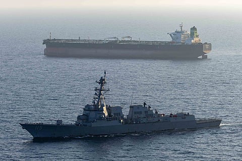 Guided-missile destroyer USS Rafael Peralta (DDG 115) enforces the U.S. blockade of Iranian ports against M/T Stream after it attempted to sail to an Iranian port, April 26.