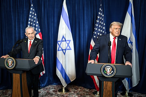 President Donald Trump participates in a bilateral press conference with Israeli Prime Minister Benjamin Netanyahu, Monday, December 29, 2025, at the Mar-a-Lago Club in Palm Beach, Florida. 