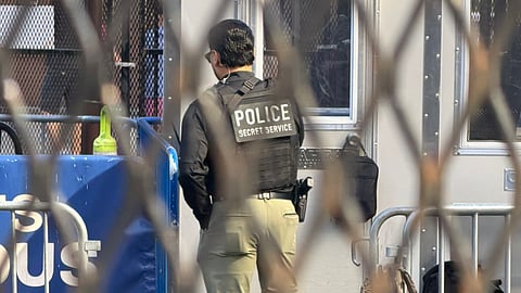 A Secret Service agent outside Madison Square Garden on June 8, 2026, ahead of Game 3 of the NBA Finals.