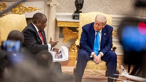 President Donald Trump meets with President of South Africa Cyril Ramaphosa, Wednesday, May 21, 2025, in the Oval Office. 