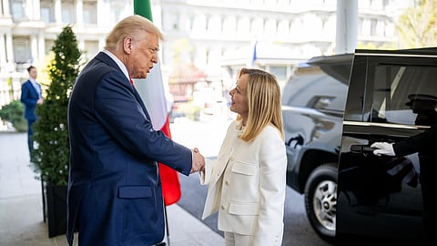 President Donald Trump greets Prime Minister Giorgia Meloni of Italy at the West Wing of the White House, Thursday, April 17, 2025.