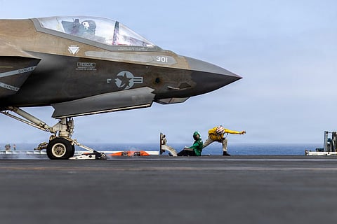 A U.S. Marine Corps F-35C stealth fighter prepares to take off from USS Abraham Lincoln (CVN 72) in the Arabian Sea.