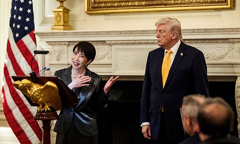President Donald J. Trump and Japanese Prime Minister Sanae Takaichi deliver remarks in the the State Dining Room of the White House, Thursday, March 19, 2026. 