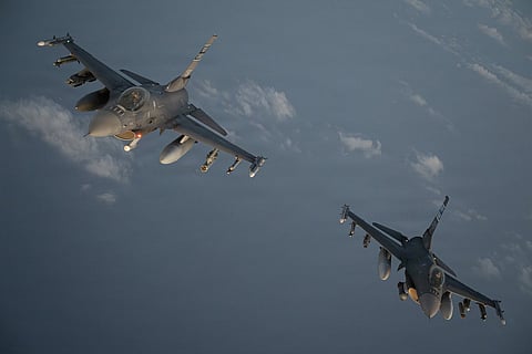 Two U.S. Air Force F-16 fighter jets over the Middle East. 