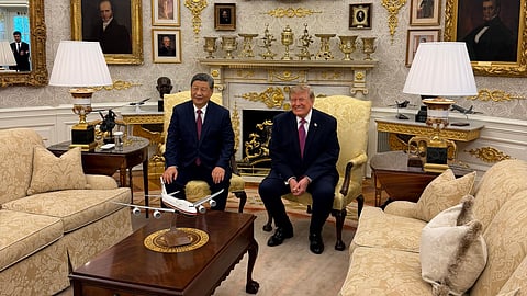 US President Donald Trump welcomes CCP General Secretary and Chinese President Xi Jinping to the Oval Office.