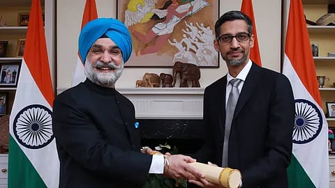 Sundar Pichai (right) awarded with Padma Bhushan, handed over by India’s Ambassador to the US Taranjit Singh Sandhu (left)